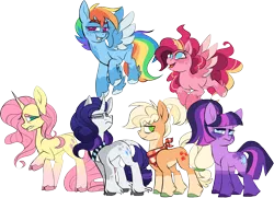 Size: 3849x2794 | Tagged: safe, artist:taaffeiite, banned from derpibooru, deleted from derpibooru, derpibooru import, applejack, fluttershy, pinkie pie, rainbow dash, rarity, twilight sparkle, classical unicorn, earth pony, pegasus, pony, unicorn, leak, spoiler:g5, alternate color palette, alternate cutie mark, alternate eye color, alternate hairstyle, alternate universe, applejack (g5), choker, cloven hooves, collar, colored pupils, colored wings, colored wingtips, curved horn, dappled, dock, eyebrows, female, fluttershy (g5), flying, frown, g5, glare, grin, gritted teeth, group, horn, jewelry, leg fluff, leonine tail, lidded eyes, looking back, looking up, mane six, mane six (g5), mare, neckerchief, necklace, open mouth, pale belly, pinkie pie (g5), ponytail, race swap, rainbow dash (g5), raised hoof, raised leg, rarity (g5), redraw, simple background, smiling, socks (coat marking), spoiler, spread wings, tail fluff, transparent background, twilight sparkle (g5), unamused, unicorn fluttershy, unshorn fetlocks, wings, worried