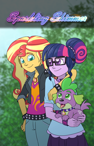 Size: 2650x4096 | Tagged: safe, artist:verumteednp, banned from derpibooru, deleted from derpibooru, derpibooru import, sci-twi, spike, spike the regular dog, sunset shimmer, twilight sparkle, dog, comic:sparkling shimmer, equestria girls, bracelet, clothes, cover, cover art, geode of empathy, geode of telekinesis, glasses, hair bun, jewelry, magical geodes, male, open mouth, pants, paws, skirt, tongue out, wristband