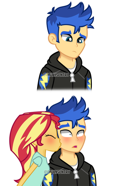 Size: 3175x5124 | Tagged: safe, artist:paulysentry, banned from derpibooru, deleted from derpibooru, derpibooru import, flash sentry, sunset shimmer, equestria girls, cute, diasentres, female, flashimmer, kiss on the cheek, kissing, male, shimmerbetes, shipping, straight, surprise kiss