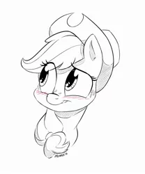 Size: 2128x2560 | Tagged: safe, artist:dilarus, banned from derpibooru, deleted from derpibooru, derpibooru import, applejack, earth pony, pony, blushing, bust, cute, eye clipping through hair, female, hat, jackabetes, mare, portrait, simple background, solo, traditional art, white background