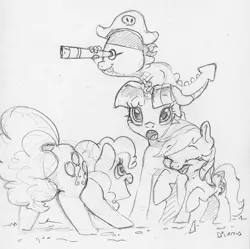 Size: 1654x1647 | Tagged: safe, artist:dilarus, banned from derpibooru, deleted from derpibooru, derpibooru import, pinkie pie, rainbow dash, spike, twilight sparkle, alicorn, dragon, earth pony, pegasus, pony, eyes closed, female, hat, laughing, male, mare, monochrome, simple background, smoldash, spyglass, traditional art, white background