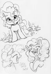 Size: 1642x2340 | Tagged: safe, artist:dilarus, banned from derpibooru, deleted from derpibooru, derpibooru import, pinkie pie, earth pony, pony, eyes closed, female, laughing, mare, monochrome, open mouth, simple background, smile smile smile, traditional art, white background
