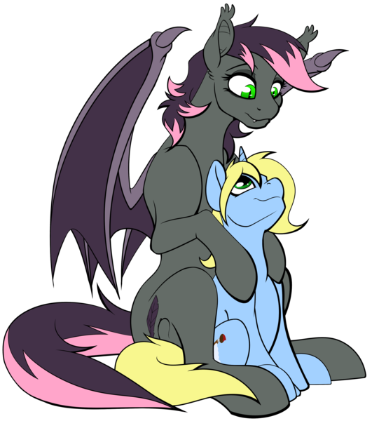 Size: 1698x1920 | Tagged: safe, artist:acesential, banned from derpibooru, deleted from derpibooru, derpibooru import, oc, oc:art's desire, oc:quill, bat pony, pony, unicorn, bat pony oc, bat wings, cuddling, female, mare, size difference, smol, spooning, wings