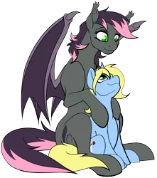 Size: 1698x1920 | Tagged: safe, artist:acesential, banned from derpibooru, deleted from derpibooru, derpibooru import, oc, oc:art's desire, oc:quill, bat pony, pony, unicorn, bat pony oc, bat wings, cuddling, female, mare, size difference, smol, spooning, wings