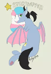 Size: 2361x3433 | Tagged: safe, artist:jiralightstalker, banned from derpibooru, deleted from derpibooru, derpibooru import, oc, oc:starskipper, bat pony, pony, bat pony oc, bat wings, biting, blaze (coat marking), colored wings, dyed mane, ear fluff, eyeshadow, fangs, frog (hoof), green eyes, hair tie, looking at you, looking back, looking back at you, makeup, multicolored hair, multicolored wings, ponytail, pride, pride flag, shooting star, stars, tongue bite, tongue out, transgender pride flag, underhoof, watermark, wings