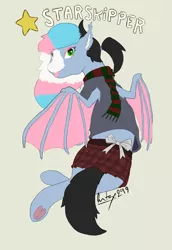 Size: 2361x3433 | Tagged: safe, artist:jiralightstalker, banned from derpibooru, deleted from derpibooru, derpibooru import, oc, oc:starskipper, biting, blaze (coat marking), bow, clothes, colored wings, ear fluff, eyeshadow, frog (hoof), green eyes, looking at you, looking back, looking back at you, makeup, multicolored hair, multicolored wings, plaid skirt, pleated skirt, pride, pride flag, scarf, skirt, stars, sweater, text, tongue bite, tongue out, transgender pride flag, underhoof, watermark, wings, writing