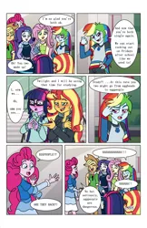 Size: 2650x4096 | Tagged: safe, artist:verumteednp, banned from derpibooru, deleted from derpibooru, derpibooru import, applejack, fluttershy, pinkie pie, rainbow dash, rarity, sci-twi, sunset shimmer, twilight sparkle, comic:sparkling shimmer, equestria girls, chapter 3, clothes, dialogue, eyes closed, geode of super speed, geode of super strength, humane five, humane seven, humane six, magical geodes, open mouth, smiling, speech bubble