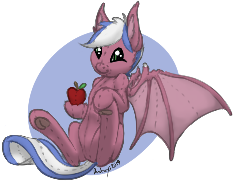 Size: 1822x1424 | Tagged: safe, artist:jiralightstalker, banned from derpibooru, deleted from derpibooru, derpibooru import, oc, bat pony, original species, plush pony, ambiguous gender, apple, bat pony oc, bat wings, ear fluff, food, frog (hoof), green eyes, holding, multicolored hair, plushie, simple background, transparent background, underhoof, wings