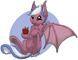 Size: 1822x1424 | Tagged: safe, artist:jiralightstalker, banned from derpibooru, deleted from derpibooru, derpibooru import, oc, bat pony, original species, plush pony, ambiguous gender, apple, bat pony oc, bat wings, ear fluff, food, frog (hoof), green eyes, holding, multicolored hair, plushie, simple background, transparent background, underhoof, wings