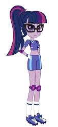 Size: 3978x8718 | Tagged: safe, artist:paulysentry, artist:rj-streak, banned from derpibooru, deleted from derpibooru, derpibooru import, sci-twi, twilight sparkle, human, equestria girls, belly button, cleats, clothes, crossover, elbow pads, glasses, gloves, knee pads, shoes, simple background, sneakers, socks, solo, sports, super mario strikers, transparent background