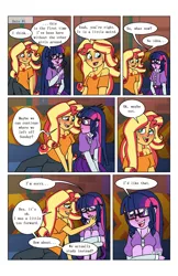 Size: 2650x4096 | Tagged: safe, artist:verumteednp, banned from derpibooru, deleted from derpibooru, derpibooru import, sci-twi, sunset shimmer, twilight sparkle, comic:sparkling shimmer, equestria girls, blushing, clothes, comic, dialogue, female, lesbian, scitwishimmer, shipping, smiling, sunsetsparkle