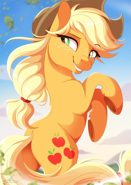 Size: 904x1275 | Tagged: safe, artist:dvixie, banned from derpibooru, deleted from derpibooru, derpibooru import, edit, applejack, earth pony, pony, art, female, looking back, mare, rearing, solo