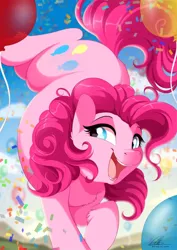 Size: 904x1275 | Tagged: safe, artist:dvixie, banned from derpibooru, deleted from derpibooru, derpibooru import, edit, pinkie pie, earth pony, pony, art, balloon, chest fluff, confetti, cropped, cute, diapinkes, ear fluff, female, leg fluff, mare, open mouth, signature, solo