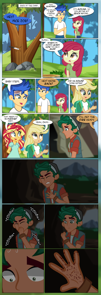 Size: 2526x7350 | Tagged: safe, artist:paulysentry, banned from derpibooru, deleted from derpibooru, derpibooru import, apple bloom, applejack, flash sentry, sunset shimmer, timber spruce, comic:the walking dead, equestria girls, equestria girls series, backpack, blood, bottle, female, knife, male, sweat, tree