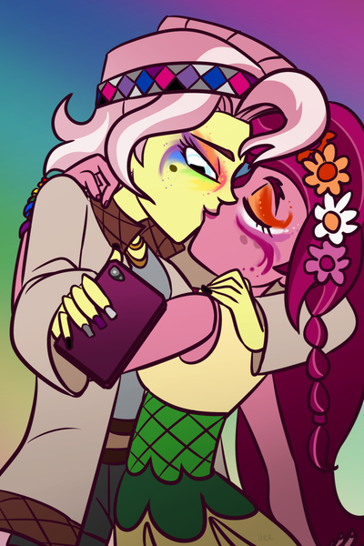 Size: 682x1024 | Tagged: safe, artist:verumteednp, banned from derpibooru, deleted from derpibooru, derpibooru import, gloriosa daisy, vignette valencia, equestria girls, blushing, clothes, daisyvalencia, eyes closed, female, floral head wreath, flower, freckles, gloriette, headband, hug, kissing, lesbian, makeup, mobile phone, nail polish, phone, pride, pride month, shipping