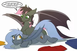 Size: 2560x1707 | Tagged: safe, artist:acesential, banned from derpibooru, deleted from derpibooru, derpibooru import, oc, oc:panne, oc:quill, unofficial characters only, bat pony, pony, bat pony oc, bat wings, duo, female, looking at each other, mare, pinned, post-transformation, prone, simple background, spread wings, teary eyes, transformed, white background, wings