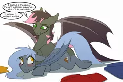 Size: 2560x1707 | Tagged: safe, alternate version, artist:acesential, banned from derpibooru, deleted from derpibooru, derpibooru import, oc, oc:panne, oc:quill, unofficial characters only, bat pony, pony, blushing, duo, female, looking at each other, mare, pinned, post-transformation, prone, simple background, spread wings, transformed, white background, wings