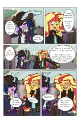 Size: 2650x4096 | Tagged: safe, artist:verumteednp, banned from derpibooru, deleted from derpibooru, derpibooru import, sci-twi, sunset shimmer, twilight sparkle, comic:sparkling shimmer, equestria girls, blushing, chapter 3, clothes, comic, dialogue, eyepatch, eyes closed, female, hat, jacket, laughing, lesbian, open mouth, scitwishimmer, shipping, smiling, speech bubble, sunsetsparkle