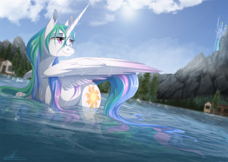 Size: 3000x2129 | Tagged: safe, artist:dvixie, banned from derpibooru, deleted from derpibooru, derpibooru import, princess celestia, alicorn, pony, beautiful, canterlot, cloud, cloudy, cute, cutelestia, dock, female, lake, lidded eyes, looking back, majestic, mare, pretty, realistic horse legs, sky, smiling, solo, source in the description, swanlestia, swimming, water, wet, wet mane