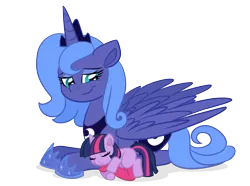 Size: 1280x954 | Tagged: safe, artist:verumteednp, banned from derpibooru, deleted from derpibooru, derpibooru import, princess luna, twilight sparkle, alicorn, pony, unicorn, blank flank, female, filly, filly twilight sparkle, mare, s1 luna, sleeping, smiling, younger