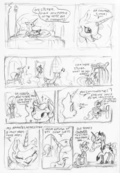 Size: 1650x2389 | Tagged: safe, artist:dilarus, banned from derpibooru, deleted from derpibooru, derpibooru import, princess celestia, princess luna, twilight sparkle, twilight sparkle (alicorn), alicorn, pony, comic:luna is bad at pranking, ..., comic, dialogue, female, mare, monochrome, prank, simple background, traditional art, white background