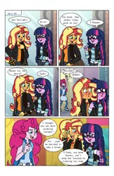 Size: 2650x4096 | Tagged: safe, artist:verumteednp, banned from derpibooru, deleted from derpibooru, derpibooru import, pinkie pie, sci-twi, sunset shimmer, twilight sparkle, comic:sparkling shimmer, equestria girls, clothes, dialogue, female, geode of empathy, geode of sugar bombs, geode of telekinesis, glasses, lesbian, magical geodes, scitwishimmer, shipping, speech bubble, sunsetsparkle
