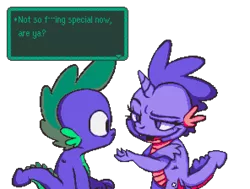 Size: 1480x1120 | Tagged: safe, artist:dilarus, artist:tarkan809, banned from derpibooru, deleted from derpibooru, derpibooru import, spike, twilight sparkle, dragon, comic:the many faces of twilight sparkle, colored, dialogue, dragoness, dragonified, earthbound, female, pixel art, scales, simple background, species swap, super nintendo, super nintendo entertainment system, transparent background, twilidragon