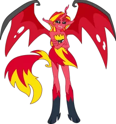 Size: 3492x3709 | Tagged: safe, artist:amrasfelagund, banned from derpibooru, deleted from derpibooru, derpibooru import, sunset shimmer, demon, equestria girls, absurd resolution, alternate hairstyle, cloven hooves, crossed arms, demon wings, description is relevant, fangs, friendship is magic: the next generation, horn, older, simple background, smiling, smirk, solo, sunset satan, transparent background, wings