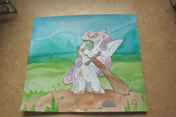 Size: 3008x2000 | Tagged: safe, artist:input-command, banned from derpibooru, deleted from derpibooru, derpibooru import, sweetie belle, pony, unicorn, cute, dirty, female, filly, gouache, painting, solo, sword, traditional art, watercolor painting, weapon, wooden sword