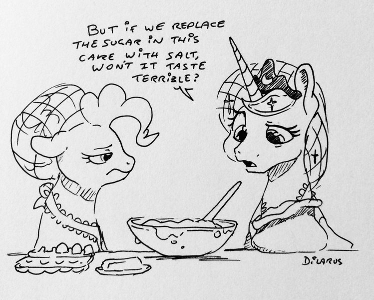 Size: 2448x1962 | Tagged: safe, artist:dilarus, banned from derpibooru, deleted from derpibooru, derpibooru import, pinkie pie, princess luna, alicorn, earth pony, pony, comic:luna is bad at pranking, apron, batter, cake batter, clothes, cooking, crown, dialogue, egg, egg (food), female, food, jewelry, mare, monochrome, pinkie pie is not amused, prank, regalia, simple background, traditional art, unamused, white background