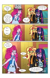 Size: 2650x4096 | Tagged: safe, artist:verumteednp, banned from derpibooru, deleted from derpibooru, derpibooru import, pinkie pie, sci-twi, sunset shimmer, twilight sparkle, comic:sparkling shimmer, equestria girls, chapter 3, clothes, dialogue, geode of empathy, geode of telekinesis, glasses, jacket, magical geodes, open mouth, pants, speech bubble