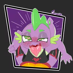 Size: 2500x2500 | Tagged: suggestive, artist:saurian, banned from derpibooru, deleted from derpibooru, derpibooru import, spike, ahegao, clothes, dark background, eyes rolling back, femboy, femboy spike, heart, heart eyes, image, male, open mouth, png, rainbow socks, socks, solo, striped socks, tongue out, wingding eyes
