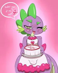 Size: 960x1200 | Tagged: suggestive, artist:saurian, banned from derpibooru, deleted from derpibooru, derpibooru import, spike, dragon, apron, cake, clothes, crossdressing, crotch bulge, femboy, femboy spike, food, gradient background, happy birthday, heart eyes, male, naked apron, one eye closed, saurian's birthday, solo, solo male, speech, talking, wingding eyes, wink