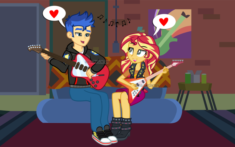 Size: 1280x801 | Tagged: safe, artist:paulysentry, banned from derpibooru, deleted from derpibooru, derpibooru import, flash sentry, sunset shimmer, equestria girls, equestria girls series, boots, clothes, converse, female, flashimmer, guitar, heart, looking at each other, male, music notes, musical instrument, pictogram, playing guitar, shipping, shoes, sneakers, straight