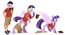 Size: 2560x1394 | Tagged: safe, artist:acesential, banned from derpibooru, deleted from derpibooru, derpibooru import, twilight sparkle, twilight sparkle (alicorn), oc, oc:acesential, alicorn, pony, book, human to pony, lineless, polo shirt, transformation, transgender transformation