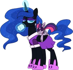 Size: 916x878 | Tagged: safe, artist:taaffeiite, banned from derpibooru, deleted from derpibooru, derpibooru import, nightmare moon, twilight sparkle, twilight sparkle (alicorn), alicorn, pony, bunny slippers, clothes, coffee mug, ethereal mane, implied twimoon, looking at you, magic, mug, pajamas, redraw, simple background, slippers, telekinesis, transparent background, twilight sparkle plushie