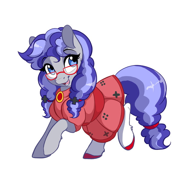 Size: 2632x2500 | Tagged: safe, artist:dvixie, banned from derpibooru, deleted from derpibooru, derpibooru import, oc, oc:cinnabyte, unofficial characters only, earth pony, pony, clothes, dork, dress, female, glasses, looking at you, mare, pigtails, simple background, smiling, socks, solo, stockings, thigh highs, twintails, white background