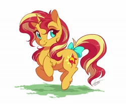 Size: 1978x1673 | Tagged: safe, artist:dvixie, banned from derpibooru, deleted from derpibooru, derpibooru import, sunset shimmer, pony, unicorn, bow, cute, cutie mark, daaaaaaaaaaaw, female, happy, mare, shimmerbetes, signature, simple background, smiling, smol, solo, sweet dreams fuel, tail bow, white background