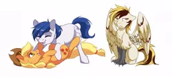 Size: 1024x471 | Tagged: safe, artist:dvixie, banned from derpibooru, deleted from derpibooru, derpibooru import, applejack, oc, oc:constance everheart, oc:silent flight, earth pony, hippogriff, pony, annoyed, canon x oc, everjack, female, hippogriff oc, male, playing, shipping, smiling, straight, talons