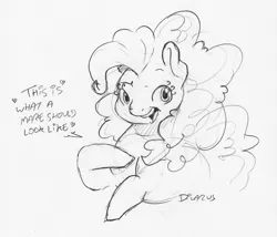 Size: 1612x1381 | Tagged: safe, artist:dilarus, banned from derpibooru, deleted from derpibooru, derpibooru import, pinkie pie, earth pony, pony, beautiful, curves, dialogue, heart, monochrome, open mouth, simple background, traditional art, white background