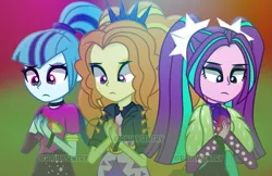 Size: 1111x719 | Tagged: safe, artist:paulysentry, banned from derpibooru, deleted from derpibooru, derpibooru import, adagio dazzle, aria blaze, sonata dusk, equestria girls, equestria girls series, find the magic, spoiler:eqg series (season 2), clothes, commission, gem, headband, jacket, leather jacket, obtrusive watermark, pigtails, polka dots, ponytail, siren gem, spiked headband, the dazzlings, the dazzlings have returned, twintails, watermark