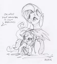 Size: 1340x1508 | Tagged: safe, artist:dilarus, banned from derpibooru, deleted from derpibooru, derpibooru import, fluttershy, rainbow dash, pegasus, pony, comic:smol hors problems, blushing, dialogue, female, mare, monochrome, offscreen character, simple background, size difference, smoldash, tallershy, traditional art, white background