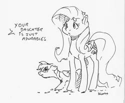 Size: 1594x1312 | Tagged: safe, alternate version, artist:dilarus, banned from derpibooru, deleted from derpibooru, derpibooru import, fluttershy, rainbow dash, pegasus, pony, comic:smol hors problems, blushing, dialogue, female, mare, monochrome, offscreen character, simple background, size difference, smoldash, tallershy, traditional art, white background