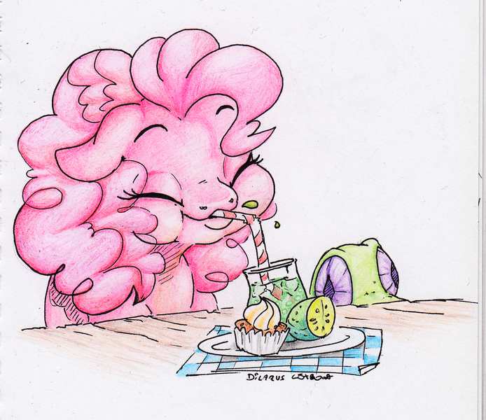 Size: 1698x1469 | Tagged: safe, artist:dilarus, artist:jessi_lionheart, banned from derpibooru, deleted from derpibooru, derpibooru import, gummy, pinkie pie, alligator, earth pony, pony, cupcake, eyes closed, female, floppy ears, food, juice, lemonade, mare, simple background, straw, traditional art, white background