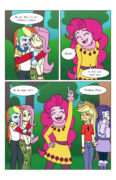 Size: 2650x4096 | Tagged: safe, artist:verumteednp, banned from derpibooru, deleted from derpibooru, derpibooru import, applejack, fluttershy, pinkie pie, rainbow dash, rarity, comic:sparkling shimmer, equestria girls, chapter 3, clothes, dialogue, female, smiling, speech bubble