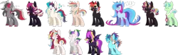 Size: 1597x500 | Tagged: safe, artist:taaffeiite, banned from derpibooru, deleted from derpibooru, derpibooru import, oc, unofficial characters only, bat pony, earth pony, pegasus, pony, unicorn, adoptable, bracelet, clothes, cloven hooves, collar, colored hooves, female, filly, freckles, heterochromia, hoodie, jewelry, male, mare, necktie, simple background, spiked collar, stallion, transparent background, unshorn fetlocks