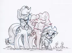 Size: 2142x1590 | Tagged: safe, artist:dilarus, banned from derpibooru, deleted from derpibooru, derpibooru import, applejack, pinkie pie, rainbow dash, earth pony, pegasus, pony, exclamation point, female, freckles, hat, laughing, mare, monochrome, open mouth, simple background, size difference, smoldash, traditional art, white background