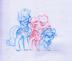 Size: 2237x1895 | Tagged: safe, alternate version, artist:dilarus, banned from derpibooru, deleted from derpibooru, derpibooru import, applejack, pinkie pie, rainbow dash, earth pony, pegasus, pony, exclamation point, female, freckles, hat, laughing, mare, open mouth, simple background, size difference, smoldash, traditional art, white background