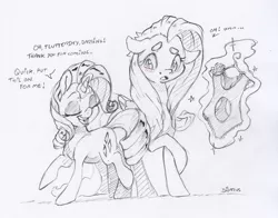 Size: 2264x1776 | Tagged: safe, artist:dilarus, banned from derpibooru, deleted from derpibooru, derpibooru import, fluttershy, rarity, pegasus, pony, unicorn, ..., blushing, clothes, dialogue, female, magic, mare, simple background, size difference, tallershy, telekinesis, traditional art, white background