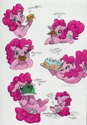 Size: 2383x3423 | Tagged: safe, artist:dilarus, artist:jessi_lionheart, banned from derpibooru, deleted from derpibooru, derpibooru import, pinkie pie, earth pony, pony, cake, candle, collaboration, cookie, dialogue, female, food, hooves on belly, jello, jelly, mare, pancakes, ponk, simple background, stomach ache, stomach noise, this ended in pain, traditional art, tummy ache, waffle, white background